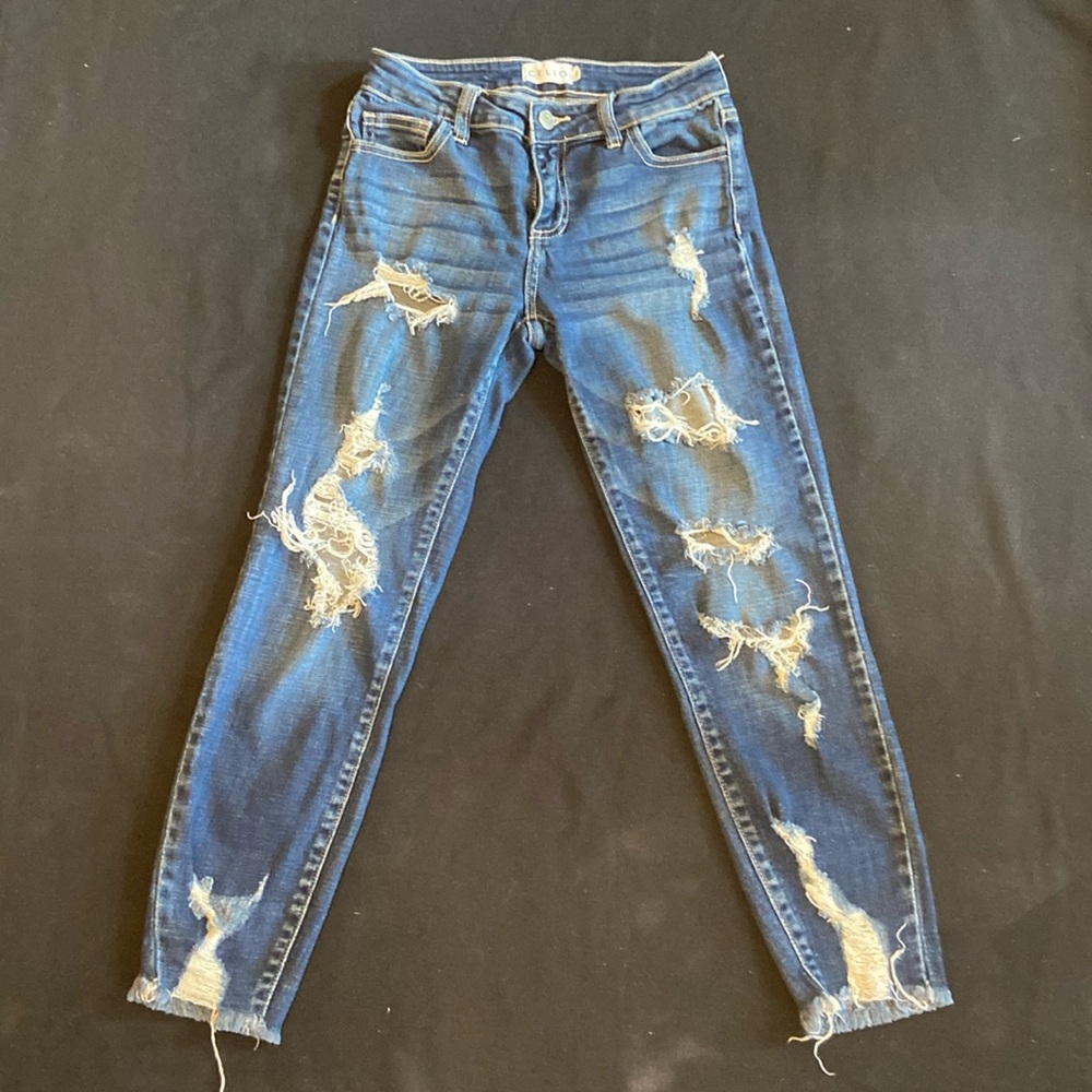 CELLO Women’s High Waist Distressed Raw Hem Jeans Dark Wash Size 1